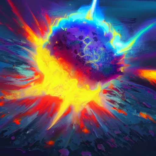 Image similar to Concept art for the earth exploding. Trending on art station, bright colors.