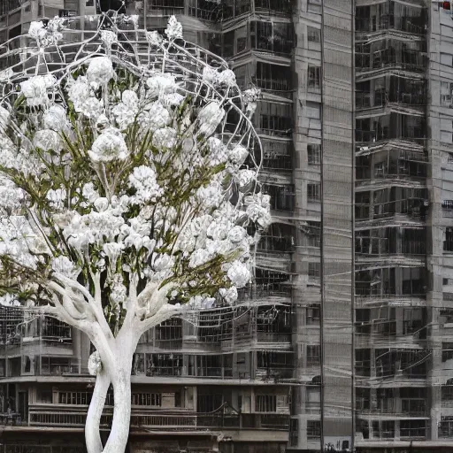 Prompt: an intricate white tree with mechanical flowers inside an intricate cage, suspended in the air above a street of a megalopolis made of sand and glass