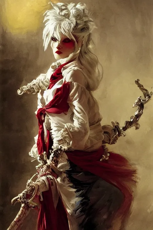 Image similar to a vampire with long light white hair and a red scarf, windy, ribbons, melancholic, modern maximalist harlequin fashion dress, is ( ( holding a golden sword ) ). light dust, magnificent, hyperdetailed, theatrical, painted by jean honore fragonard and greg rutkowski