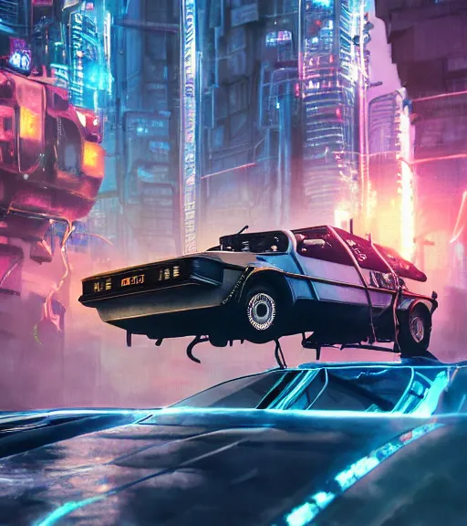 Prompt: an epic fantasy comic book style portrait painting of a flying delorean flying over a cyberpunk city, studio ghibli, unreal 5, daz, hyperrealistic, octane render, cosplay, rpg portrait, dynamic lighting, intricate detail, harvest fall vibrancy, cinematic