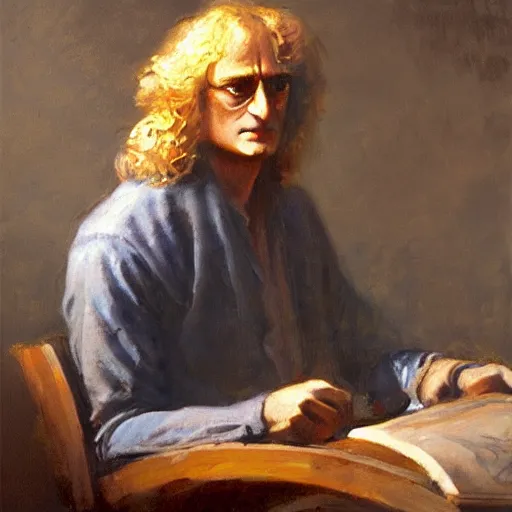 Image similar to portrait of isaac newton using a vr, artwork by gaston bussiere, craig mullins, trending on artstation