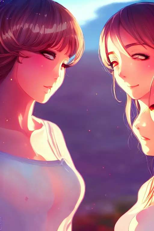 Image similar to two beautiful mothers outside on a hot summer evening, gorgeous faces, thick lines, cinematic lighting, detailed anime art