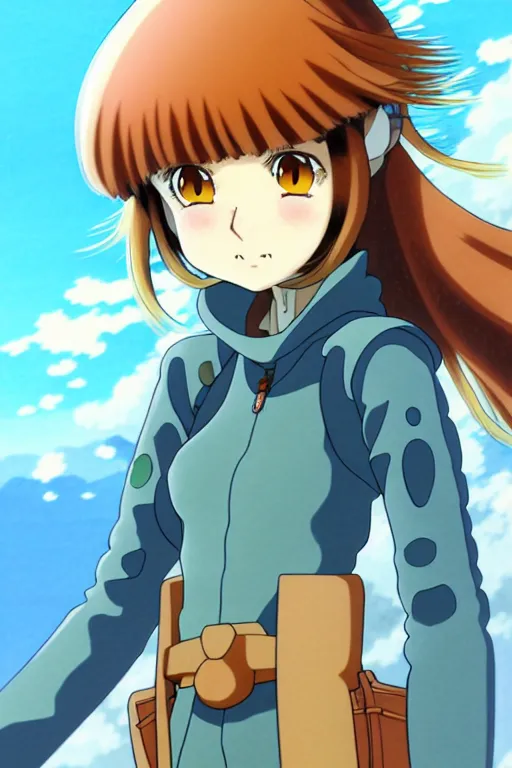 Image similar to anime art full body portrait character nausicaa concept art, anime key visual of elegant young female, brown hair and large eyes, finely detailed perfect face delicate features directed gaze, sunset in a valley, trending on pixiv fanbox, studio ghibli, extremely high quality artwork by kushart krenz cute sparkling eyes hayao miyazaki