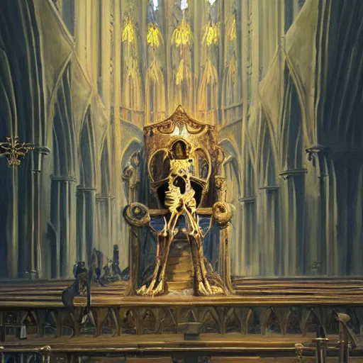 Image similar to Human skeleton, king in noble clothes, resting on a throne inside a cathedral, oil painting, by Fernanda Suarez and Greg Rutkowski