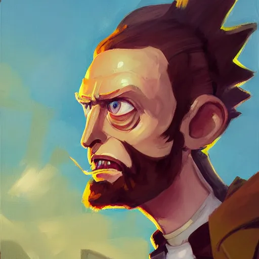 Image similar to greg manchess portrait painting of rick from rick and morty as overwatch character, medium shot, asymmetrical, profile picture, organic painting, sunny day, matte painting, bold shapes, hard edges, street art, trending on artstation, by huang guangjian and gil elvgren and brom