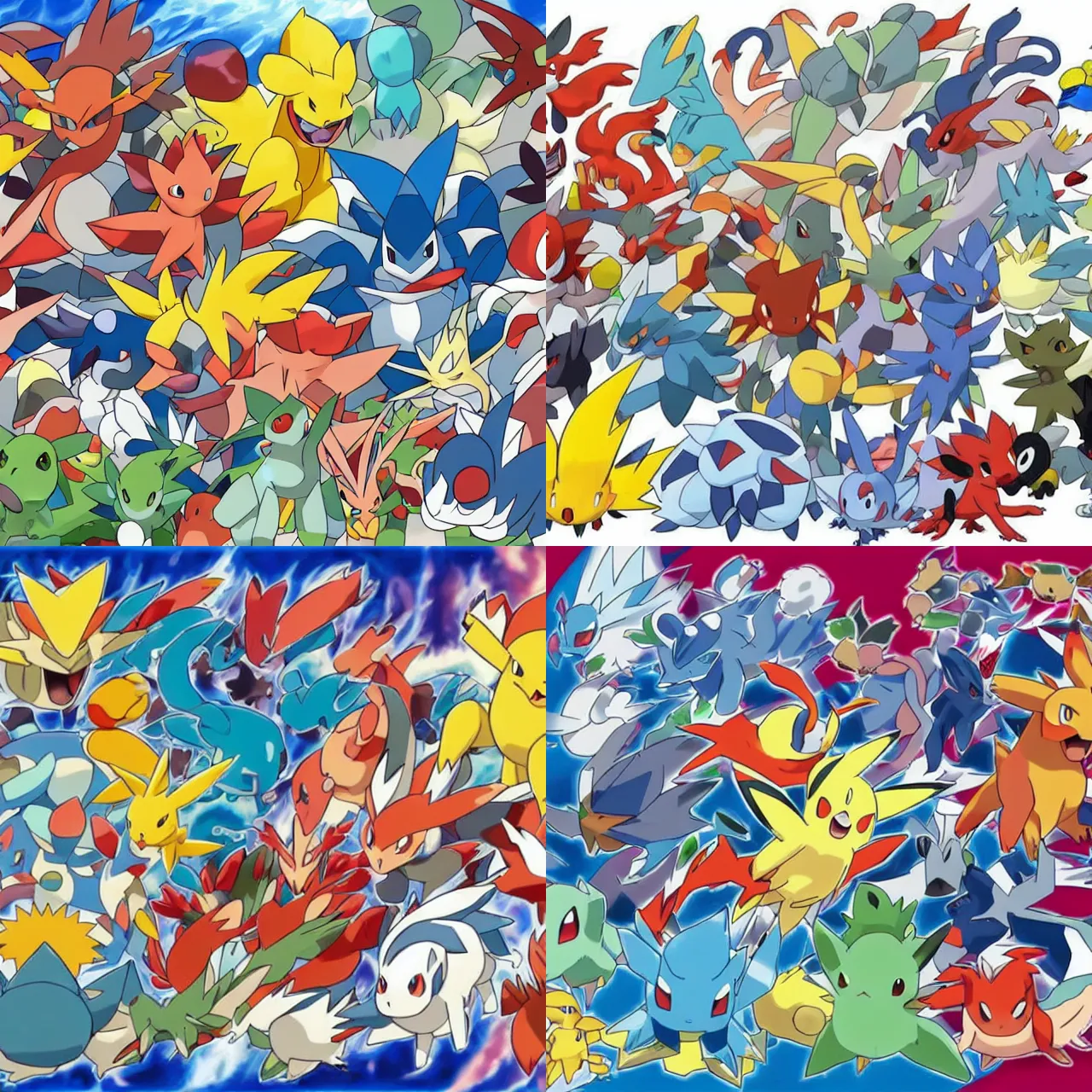 Prompt: official art of a diverse crowd of Pokemon, by Ken Sugimori, whitespace, Bulbapedia, Pokémon logo, ninetales kyogre blaziken camerupt seaking lanturn moltres