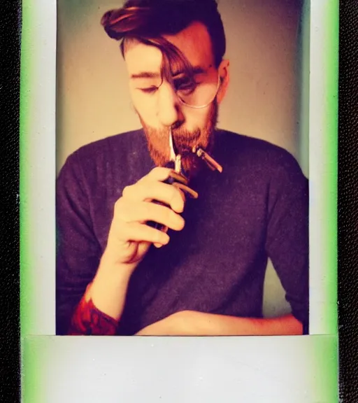 Prompt: color polaroid picture of a hipster man smoking a pipe. lots of smoke rising. diffuse background