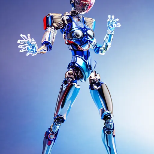 Image similar to studio photography full view of a translucent blue cyborg anime girl action figure with chromed cybernetics inside her body, chogokin, microman, micronauts, in a light box with a red background