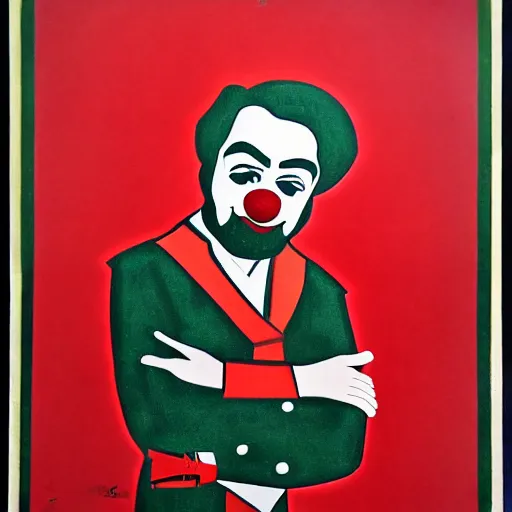 Image similar to communist clown portrait, propaganda art style, vivid colors