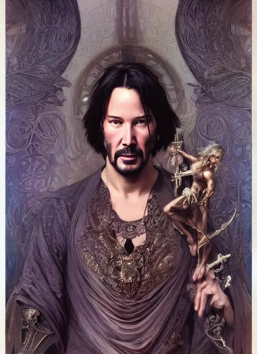 Image similar to Keanu Reeves as God of Beauty, brutal, fantasy, intricate, elegant, highly detailed, digital painting, 4k, HDR, concept art, smooth, sharp focus, illustration, art by alphonse mucha,artgerm, H R Giger