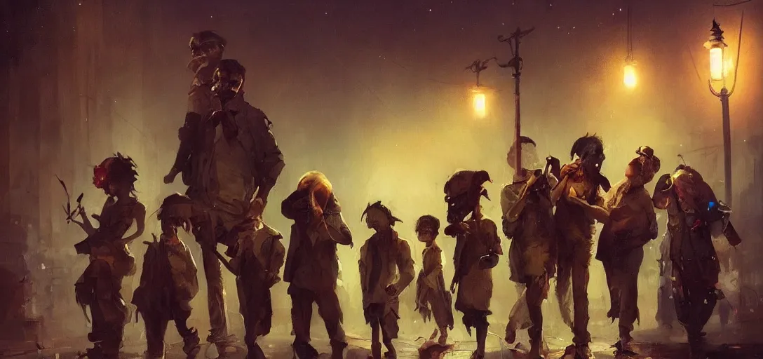 Image similar to beautiful painting of a gang at night, by Sergey Kolesov, Stanley Artgermm, Tom Bagshaw, Greg Rutkowski, Carne Griffiths, trending on Artstation, 8k, masterpiece, graffiti paint, dishonored, fine detail, full of color, intricate detail