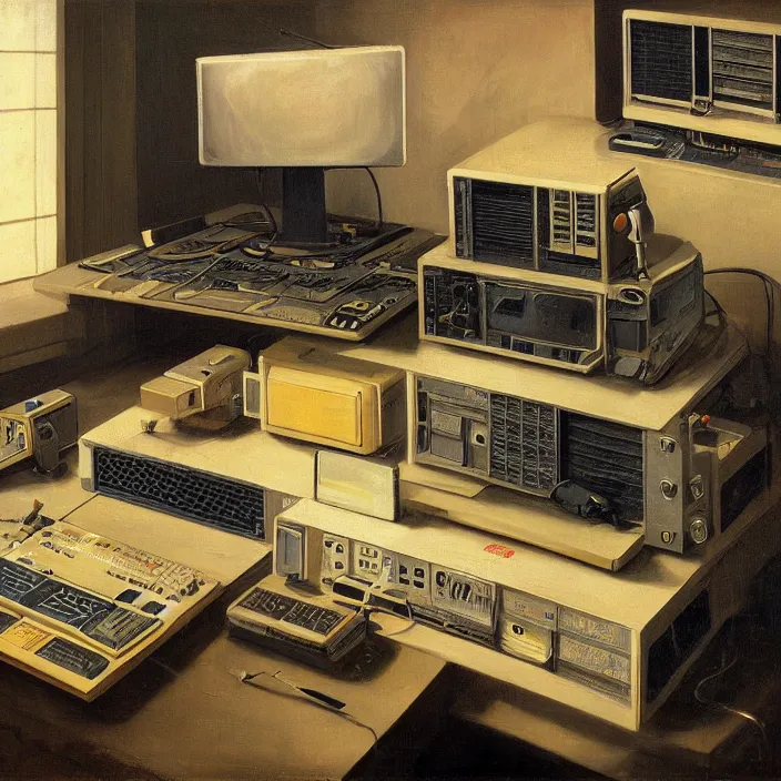 Prompt: still life painting of a retro electronics supercomputer workstation by pieter claesz, oil on canvas, blade runner vibes, syd mead concept art, strong lighting, highly detailed, hyper realism, golden hour, god rays, hd, 4 k