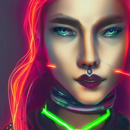 Prompt: headshot artwork of cyberpunk woman wearing thick steel choker, 4K, collar on neck, realistic, artstation, neon,