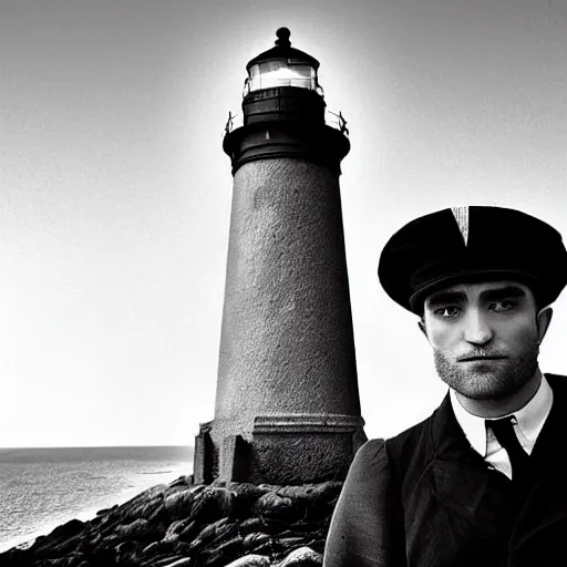 Prompt: Robert Pattinson in front of a lighthouse as a lighthouse keeper, black and white, victorian era style photograph