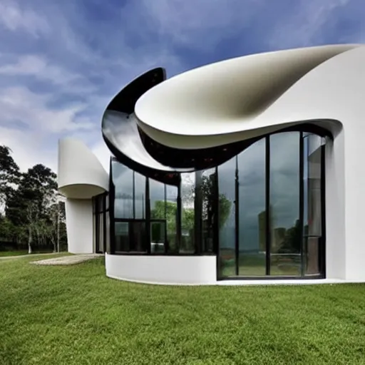 Image similar to This new and unique house exterior is inspired by the majestic, soaring form of an eagle in flight. The front façade features several large windows arranged in a sweeping curve. photo.