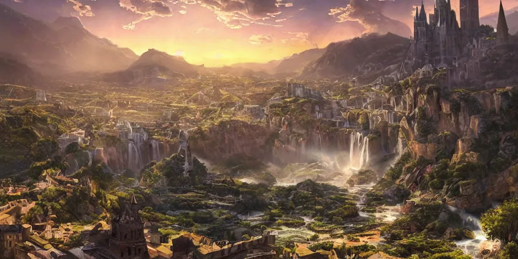 Prompt: beautiful waterfall between lush mountains in the sunset casting rays of light into medieval city below, highly detailed, baroque, brutalist architecture, sharp focus, artgerm, cgsociety, desaturated by syd mead, 8k octane beautifully detailed render, post-processing, extremely hyperdetailed, intricate, epic composition, grim yet sparkling atmosphere, cinematic lighting + masterpiece, trending on artstation, very detailed, vibrant colors, Art Nouveau, masterpiece