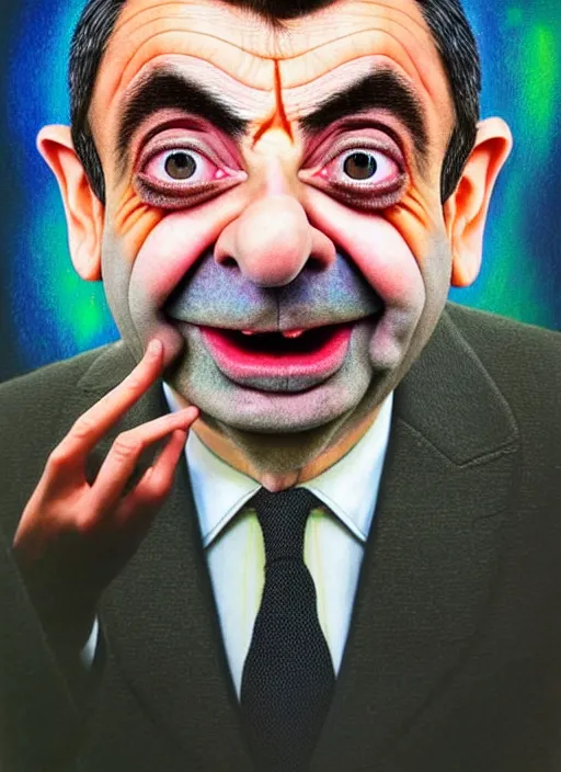 Image similar to hyper detailed 3d render like a Oil painting muted colors - slightly silly portrait of Rowan Atkinson crosseyed as Mr. Bean in Aurora seen Eating of the Strangling network of yellowcake aerochrome and milky Fruit and Her delicate Hands hold of gossamer polyp blossoms bring iridescent fungal flowers whose spores black the foolish stars by Jacek Yerka, Mariusz Lewandowski, Houdini algorithmic generative render, Abstract brush strokes, Masterpiece, Edward Hopper and James Gilleard, Zdzislaw Beksinski, Nicoletta Ceccoli, Wolfgang Lettl, hints of Yayoi Kasuma, octane render, 8k