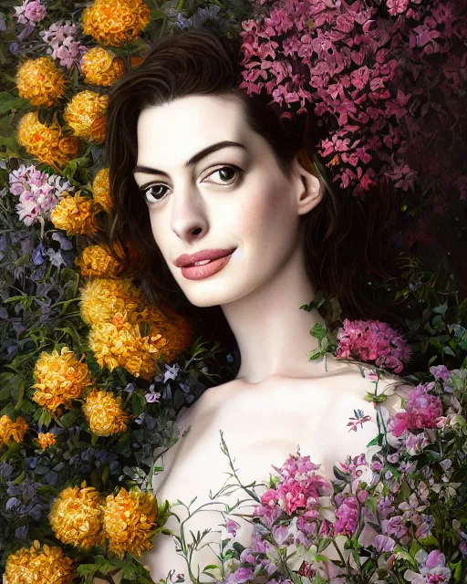 Image similar to portrait of anne hathaway, surrounded by flowers by karol bak, james jean, tom bagshaw, rococo, sharp focus, trending on artstation, cinematic lighting, hyper realism, octane render, 8 k, hyper detailed.