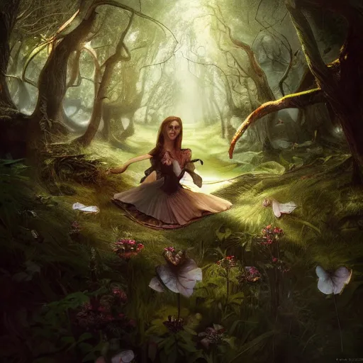 Image similar to close up portrait of alice in wonderland, magical forest, dramatic lighting, high detail, painted, by greg rutkowski, painted by stanley artgerm, trending on artstation