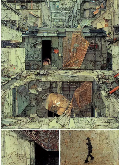 Prompt: 2 0 8 0 singularity scene by shaun tan, intricate, torn paper decollage, oil on canvas by edward hopper, ( by mattias adolfsson ), by moebius