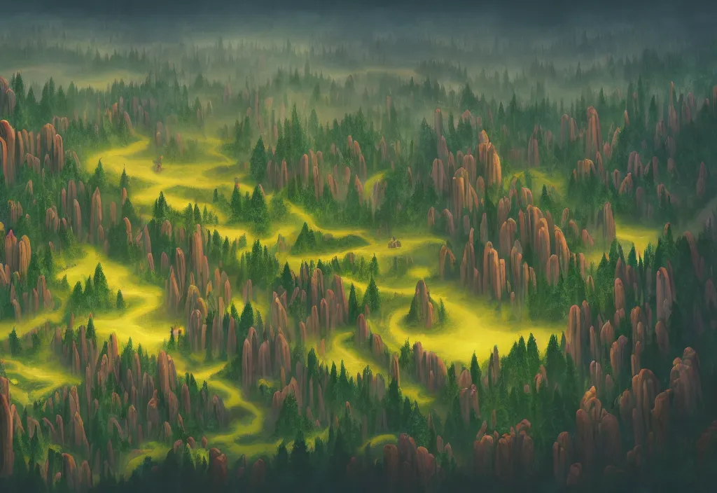 Image similar to blurry aerial view of the background of a forest that leads to a endless pit in the foreground, stylised painting, forest, medieval architecture, dynamic lighting, aesthetics, smooth, d & d, fantasy, asymmetrical, intricate, elegant, matte painting, illustration, hearthstone