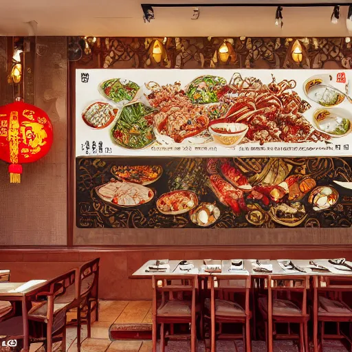 Image similar to a beautiful hyperdetailed interior 4 k hd wallpaper illustration of roasted string hotpot restaurant restaurant yan'an, wall painting, from china, with merchant logo, fine delicate structure, chinese style, victo ngai