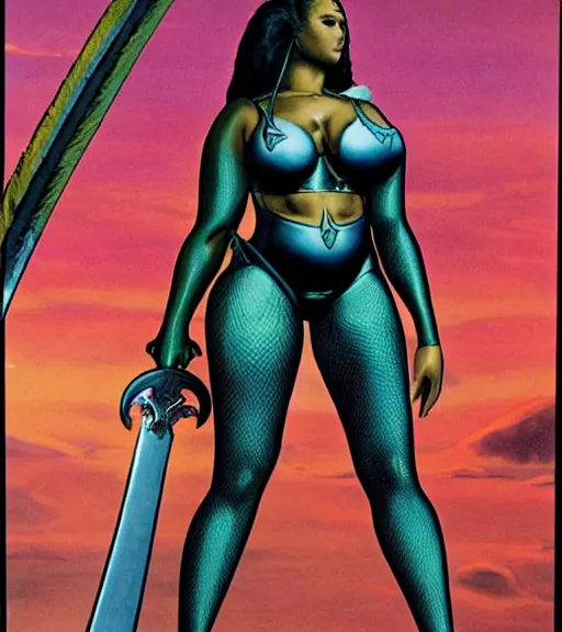 Image similar to 1 9 8 0 s fantasy novel book cover, plus size amazonian nicki minaj in extremely tight bikini armor wielding a cartoonishly large sword, exaggerated body features, dark and smoky background, low quality print
