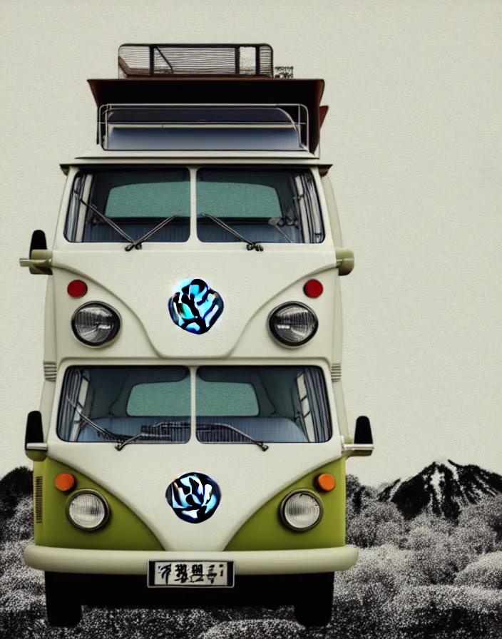 Prompt: front view vw camper touring rural japan, a collage painting, in the style of wes anderson, lola dupre, david hockney, isolated on negative white space background dark monochrome fluorescent spraypaint accents volumetric octane render, no double subject