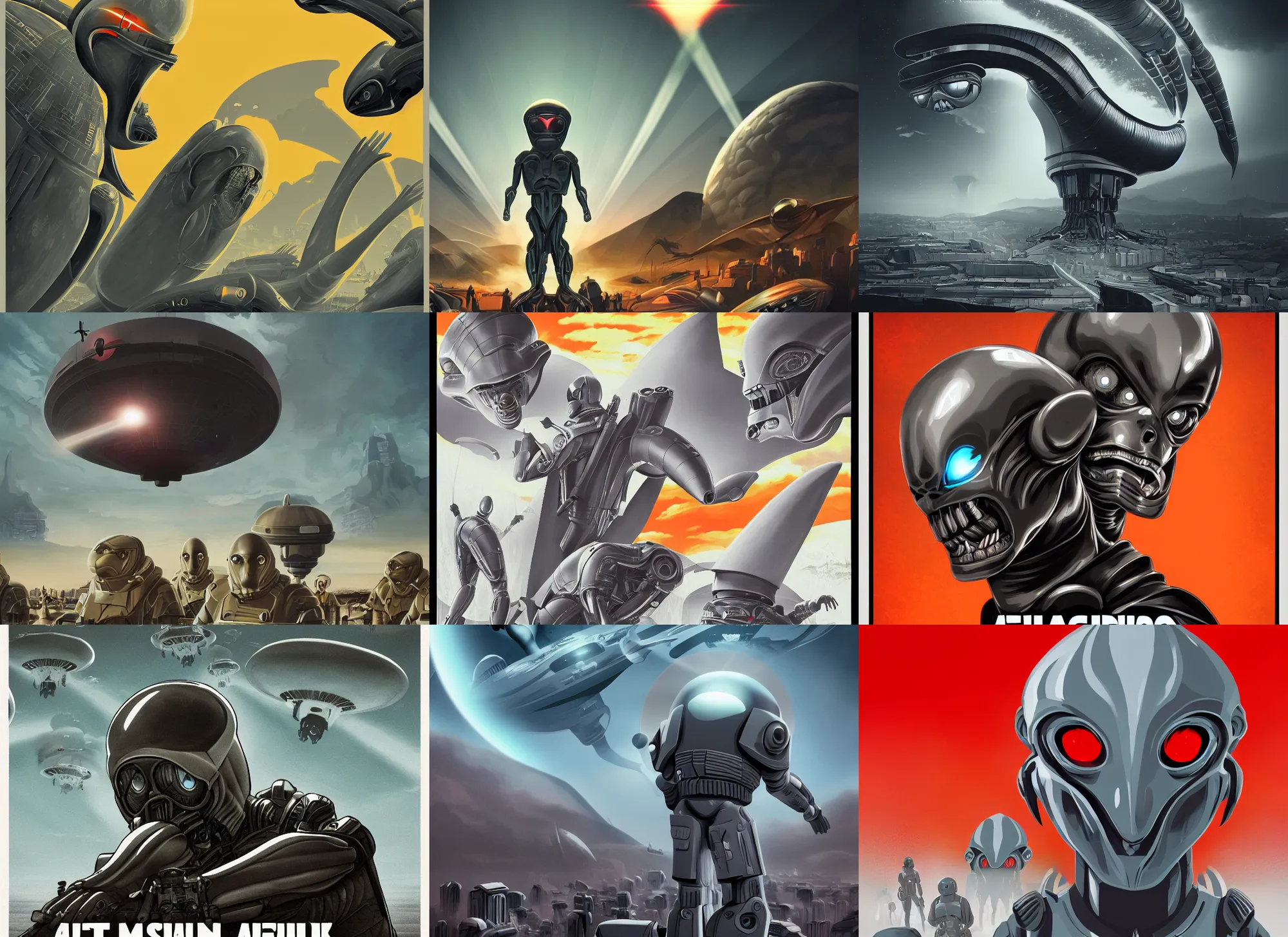 Prompt: propaganda posters of an alien invasion, subjugation of humans, grey aliens, overlords, ufo, digital art, trending on artstation, 4 k, masterpiece