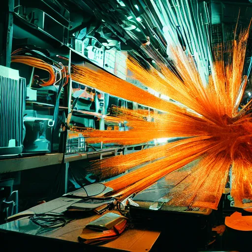Image similar to pocket calculator, tangles of metallic cables, dark messy smoke - filled cluttered workshop, dark, dramatic lighting, orange tint, sparks, plasma charges, cinematic, highly detailed, sci - fi, futuristic, movie still