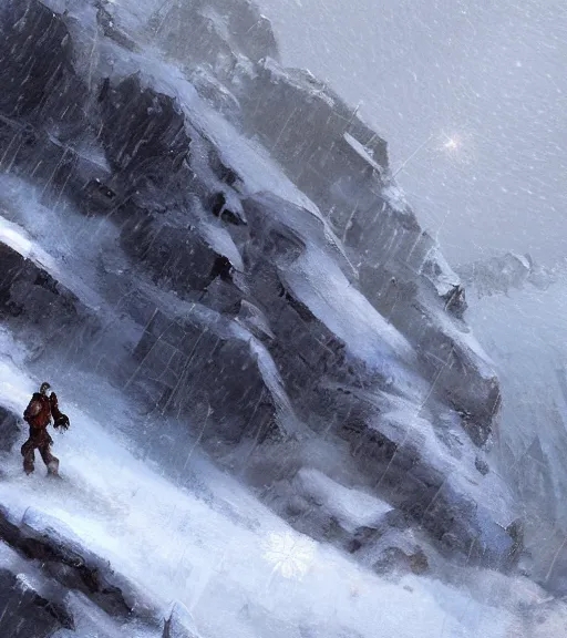 Image similar to a climber climbs a snowy mountain in a storm, close view, painting by craig mullins, octane rendering, soft morning lighting, wide angle lens, in the style of hayao miyazaki, trending on artstation,