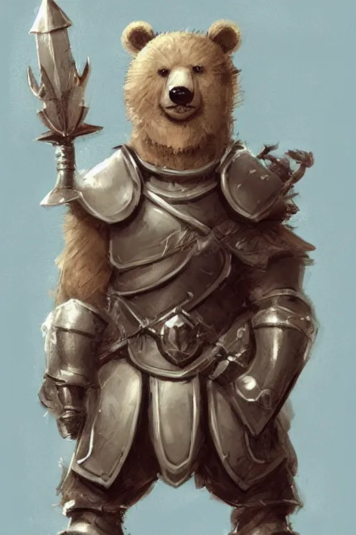 Image similar to cute little anthropomorphic bear knight wearing a cape and a crown, tiny, small, miniature bear, baby animal, short, pale blue armor, cute and adorable, pretty, beautiful, DnD character art portrait, matte fantasy painting, DeviantArt Artstation, by Jason Felix by Steve Argyle by Tyler Jacobson by Peter Mohrbacher, cinematic lighting