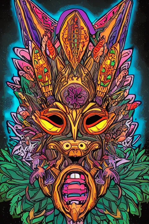 Image similar to animal mask totem roots flower tribal feather gemstone plant wood rock shaman vodoo video game vector cutout illustration vivid multicolor borderlands comics by josan gonzales and dan mumford radiating a glowing aura