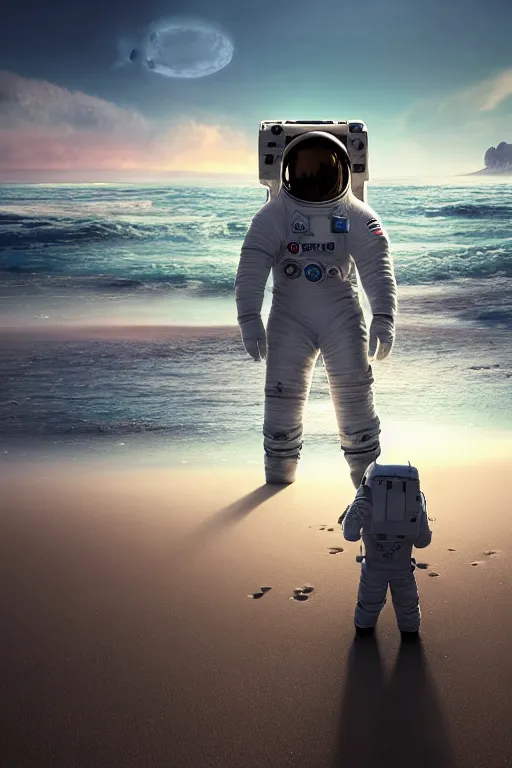 Prompt: a astronaut sitting on the beach looking to the sea at sunrise, concept art, octane render, unreal engine 5, trending on Artstation, high quality, highly detailed, 8K, soft lighting, godrays, path tracing, serene landscape, turbulent sea, high coherence, anatomically correct, hyperrealistic, sand, beautiful landscape, cinematic