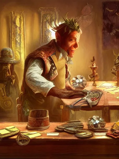 Prompt: a powerful magician working at his table full of artifacts. weeds and flowers growing on the floor and roof. intricate, elegant, highly detailed, digital painting, artstation, concept art, sharp focus, illustration, by justin gerard and artgerm, 8 k