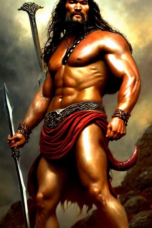 Image similar to beautiful portrait oil painting, jason momoa conan the barbarian thor standing on a rocky hill, wearing a warrior king crown and royal crimson fantasy ornate spartan dragon scale armor, wet skin and hair, muscular!!!, battle action pose, frank frazetta, boris vallejo, greg rutkowski, beautiful cinematic light, low angle, greg rutkowski, high contrast