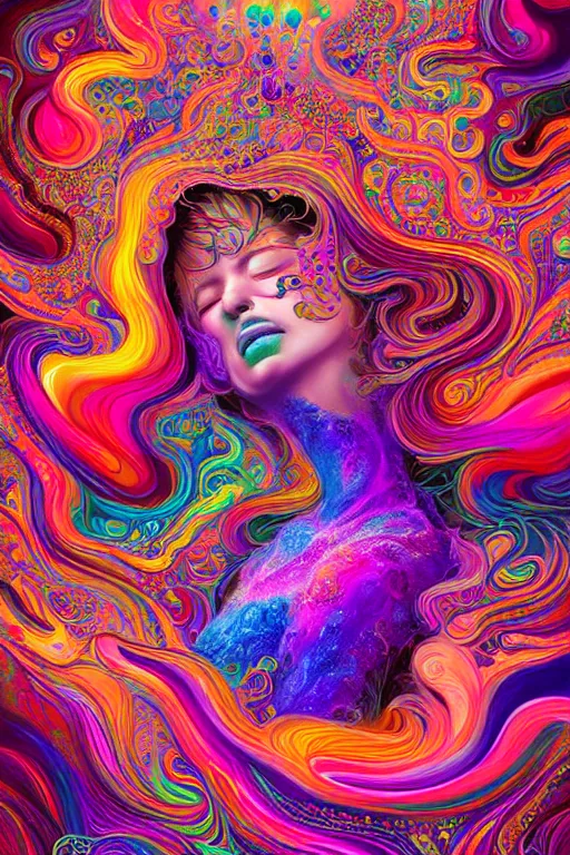 Prompt: colorful liquid smoke morphing into happy sleeping faces, extremely colorful psychedelic experience, dmt, psilocybin, lsd, intricate, elegant, highly detailed, digital painting, artstation, smooth, sharp focus, illustration, art by hana yata, android jones, octane render, unreal engine, 8 k