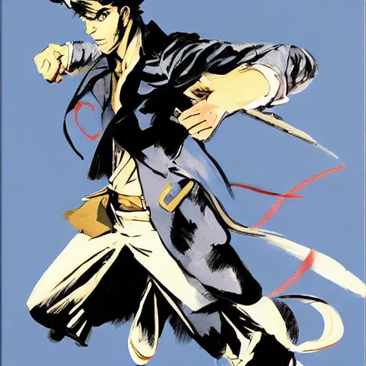 Image similar to corto maltese in jojo pose, oil on canvas by dave mckean and yoji shinkawa