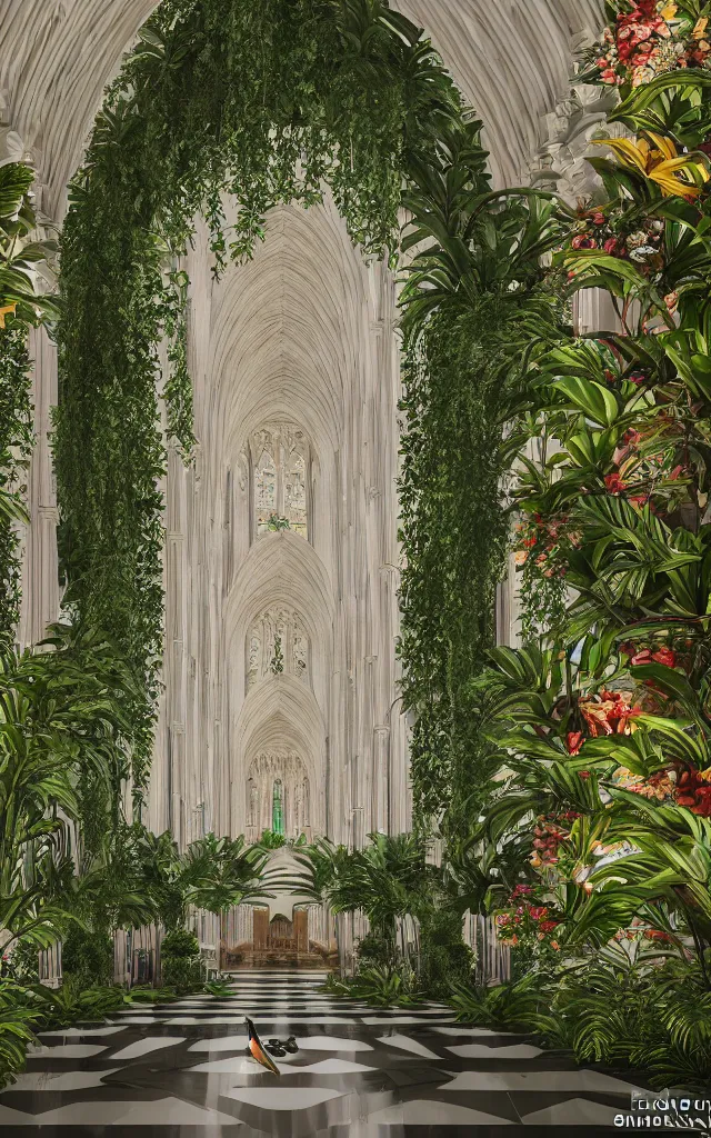 Image similar to beautiful grand cathedral interior with koi! pond!! in the! middle! surrounded by palm trees, ivy, flowers!!, tropical plants, roses!!, and with archways, rendered in octane render with photorealistic volumetric cinematic lighting, wide angle, horizontal symmetry, symmetrical! 8 k