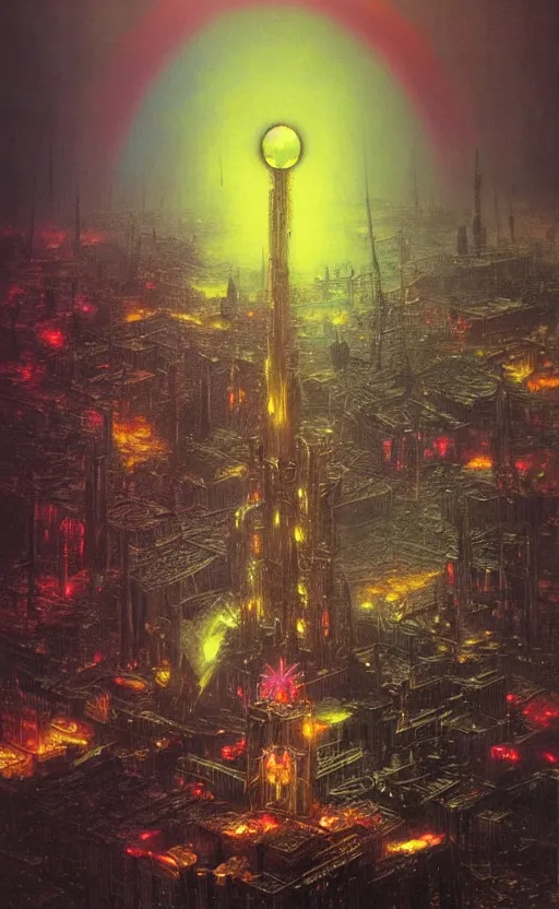 Image similar to warhammer 4 0 k rainbow golden dark eldritch monument with strange cyberpunk glowing symbol rising from a futuristic city into the sky by beksinski, high detail hyperrealistic