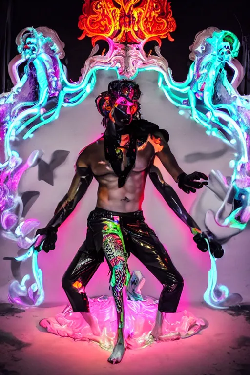 Image similar to full-body rococo and cyberpunk style neon statue of a muscular attractive Rafael wearing cholo shades macho dotado e rico android sim roupa reclining con las piernas abertas e la piroca dura, ethereal white dripping tar, glowing orange lasers, pink tigers, glowing eyes, silver prince crown, black gears, pink diamonds, swirling mint-colored silk fabric. futuristic elements. full-length view. human skulls. large intricate artwork by caravaggio. Trending on artstation, octane render, cinematic lighting from the right, hyper realism, octane render, 8k, depth of field, 3D