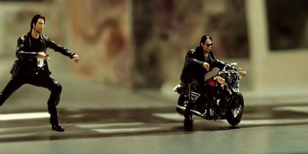 Image similar to beautiful hyperrealism three point perspective film still of Keanu Reeves as neo with machine gun in a motorcycle chase scene in Matrix(1990) extreme closeup portrait in style of 1990s frontiers in translucent porclein miniature street photography seinen manga fashion edition, miniature porcelain model, focus on face, eye contact, tilt shift style scene background, soft lighting, Kodak Portra 400, cinematic style, telephoto by Emmanuel Lubezki