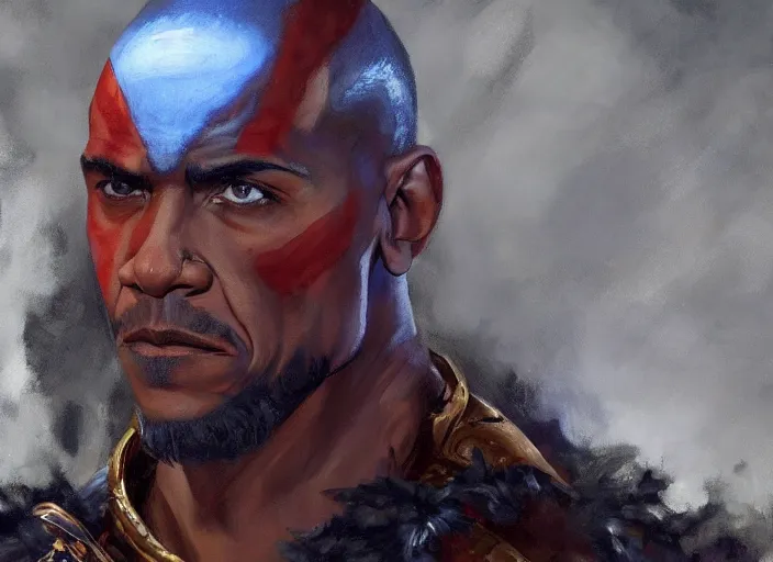 Image similar to a highly detailed beautiful portrait of barack obama as kratos, by gregory manchess, james gurney, james jean