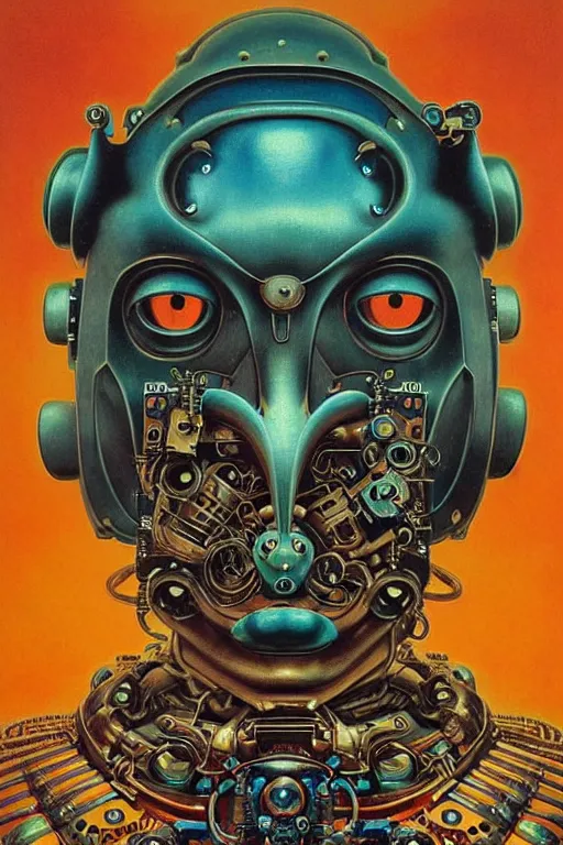 Prompt: retro boxy robot, large metal mustache, fox animal, glowing blue green eyes, detailed realistic surreal groovypunk robot in full regal attire. face portrait. art nouveau, symbolist, visionary, baroque, giant fractal details. horizontal symmetry by zdzisław beksinski, gears, alphonse mucha. highly detailed, hyper - real, beautiful