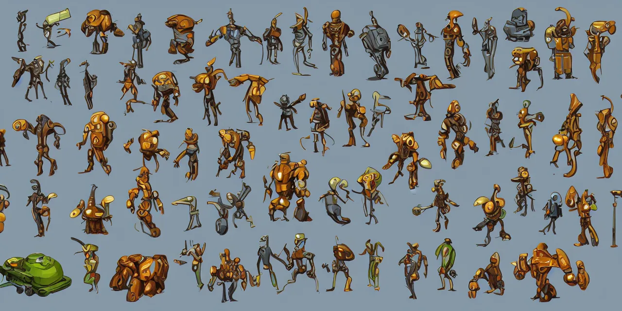 Prompt: game asset sheet, 2 d sprite, art deco era robots, monsters, cute animals, unlovable tricksters