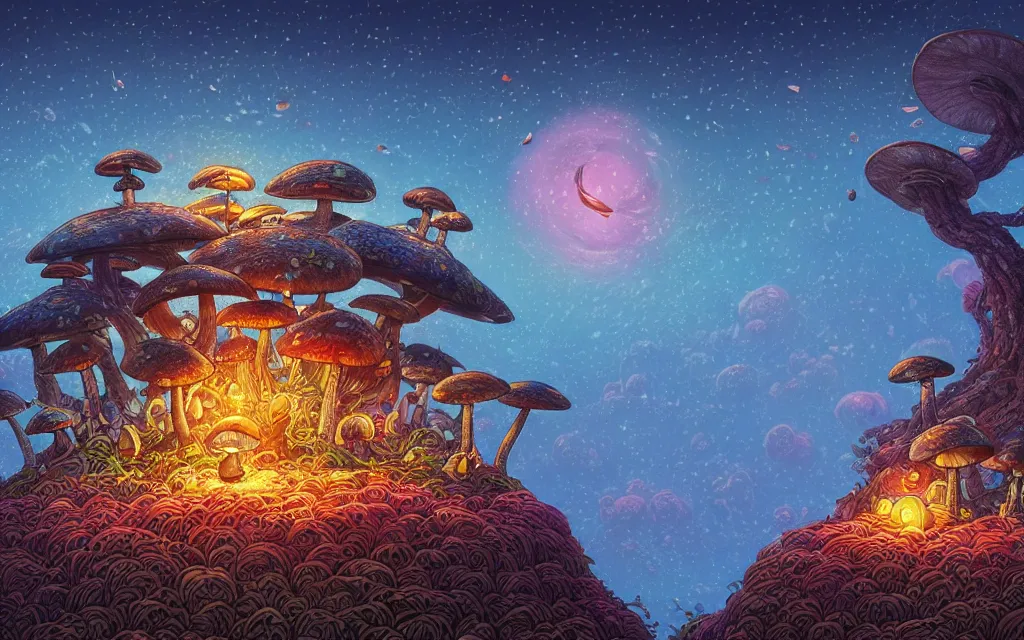 Image similar to the mushroom story house tells the tale of an epic journey, a journey into the mind of the creator. the mushrooms grow on a mountain that is home to lost time. by dan mumford, yusuke murata, makoto shinkai, ross tran, cosmic, heavenly, god rays, intricate detail, cinematic, cel shaded, unreal engine, featured on artstation, pixiv