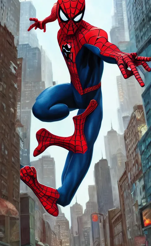 Image similar to Spider-man, highly detailed, digital painting, artstation, standing, full body, facing forward, concept art, smooth, sharp focus, illustration, art by arthur adams and ross tran, in the style of krenz cushart and ilya kuvshinov, oil on canvas, high definition digital art, 8k, volumetric lighting