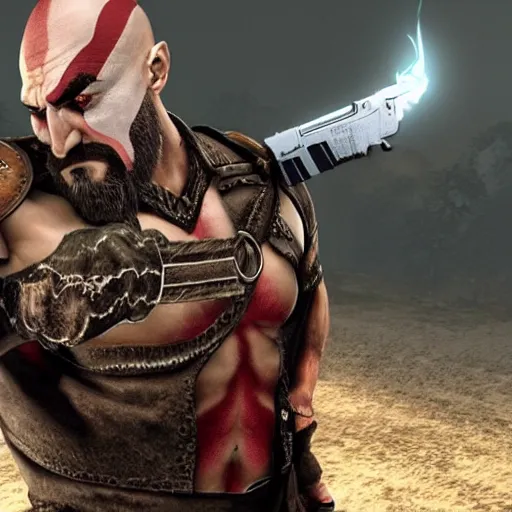 Prompt: kratos wearing agent 47 suit holding 2 desert eagle