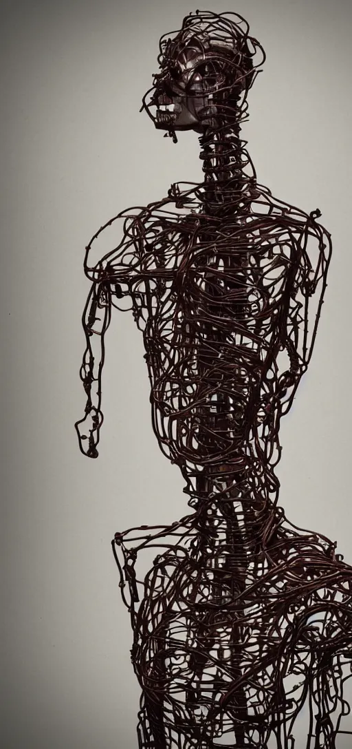 Image similar to human made out of wires and machinery, tall, body horror, creepy, disturbing, dark,