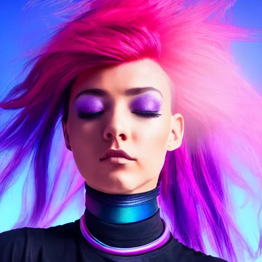 Image similar to a award winning action upper body portrait of a beautiful woman with a ombre purple pink hairstyle with head in motion and hair flying, choker, outrun, vaporware, vivid colors, highly detailed, fine detail, intricate